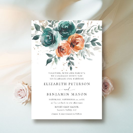 Invitation Chute Turquoise Burange Orange Floral Mariage bohè