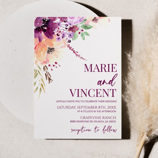 Invitation Chute Violet Aquarelle Floral Mariage