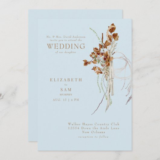 Invitation Chute Wispy Boho Sky Blue Bride Parents Mariage (Devant / Derrière)