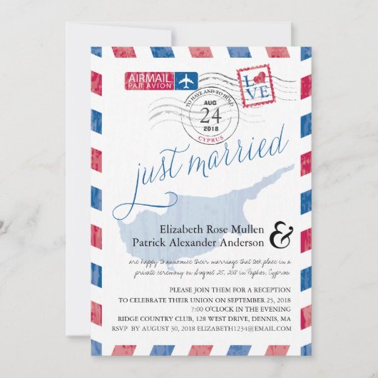 Invitation Chypre Antique Airmail Tout Juste Marié Réception (Devant)