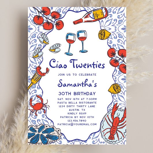 Invitation Ciao 20s Italian Seafood Wine Dinner 30th Birthday