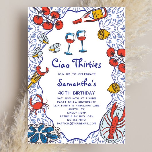 Invitation Ciao 30s Italian Seafood Wine Dinner 40th Birthday