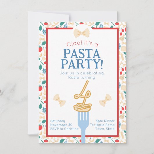 Invitation Ciao 4e anniversaire Pasta Party Italien Bow Invit (Devant)