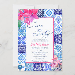 Invitation Ciao Baby Blue Carrelage Floral Girl Baby shower
