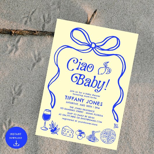 Invitation Ciao Baby Blue Jaune Citron Italien Baby shower