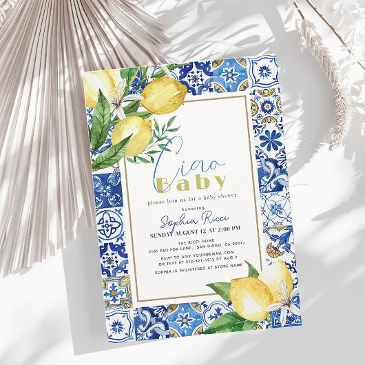 Invitation Ciao Baby Carrelage bleu Citrus Citron Baby Douche