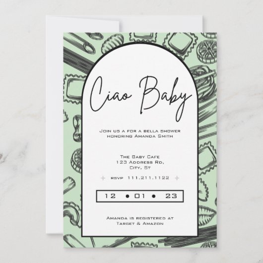 Invitation "Ciao Baby" Cuisine pour un bébé Pâtes italiennes (Devant)
