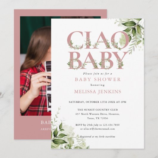 Invitation Ciao Baby Dusty Rose Baby shower photo (Devant / Derrière)