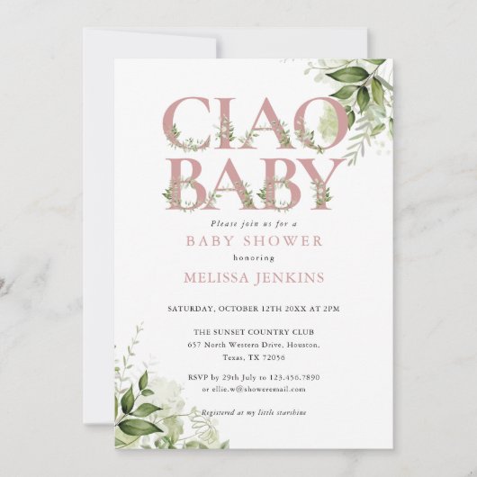 Invitation Ciao Baby Dusty Rose Baby shower vert rose (Devant)