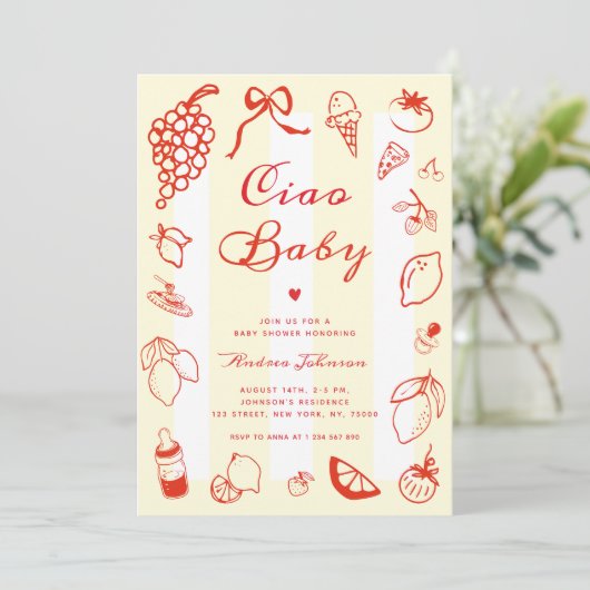 Invitation Ciao Baby Italien main tiré Baby shower citron (Debout devant)