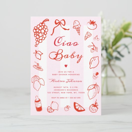 Invitation Ciao Baby Italien main tiré Baby shower citron (Debout devant)