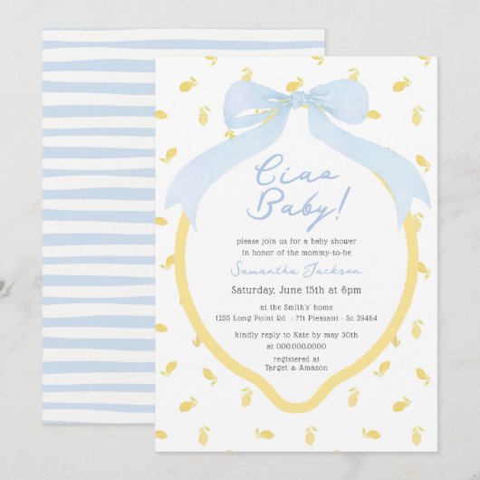 Invitation Ciao Baby Lemon & Blue Bow Boy Baby shower (Devant / Derrière)
