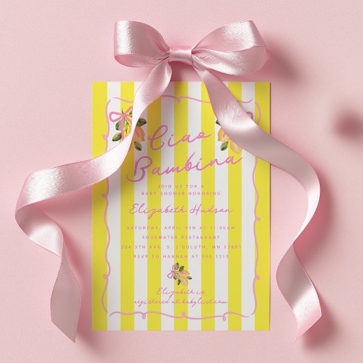 Invitation Ciao Bambina Rayure Jaune Fête de Naissance Bébé G