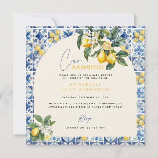Invitation Ciao Bambino baby shower grec au citron (Devant)