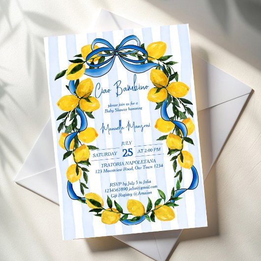 Invitation Ciao bambino citron bleu arc baby shower italien