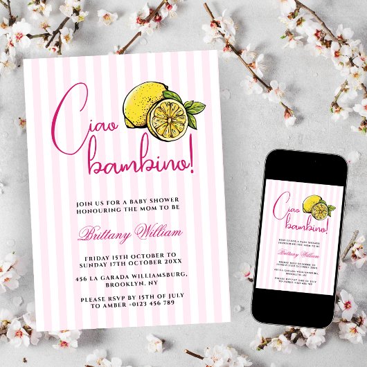 Invitation Ciao Bambino Lemon Baby shower d'été italien