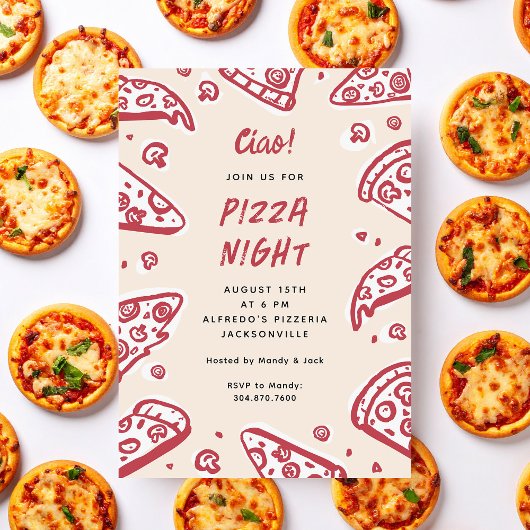 Invitation Ciao Red Main Dessinée Soirée Pizza