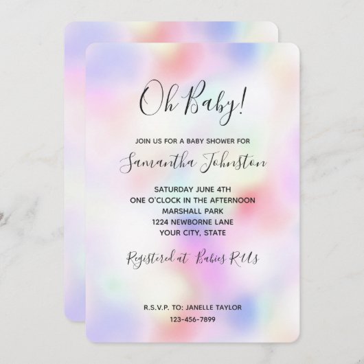 Invitation Ciel arc-en-ciel rose unicorne violet (Devant / Derrière)