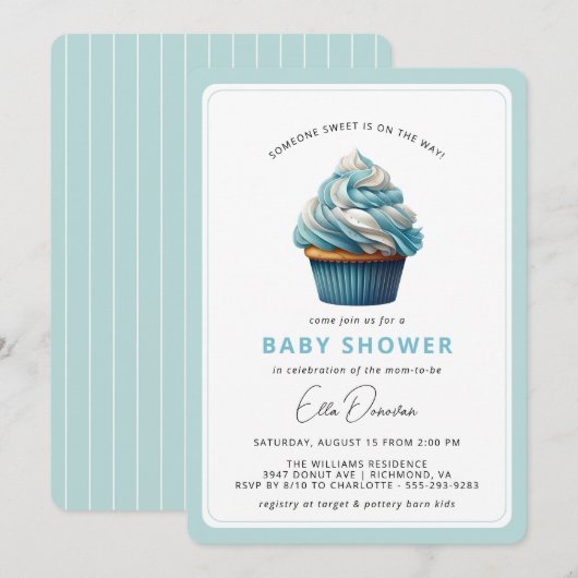 Invitation Ciel bleu Cupcake | Dessert Theme Boy Baby shower (Devant / Derrière)