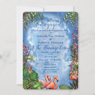 Invitation Ciel bleu, nuages fluides et Flamants roses roses