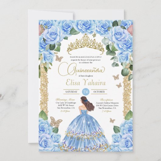 Invitation Ciel bleu Rose Floral Gold Butterfly Quinceanera (Devant)
