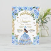 Invitation Ciel bleu Rose Floral Gold Butterfly Quinceanera (Debout devant)