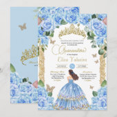 Invitation Ciel bleu Rose Floral Gold Butterfly Quinceanera (Devant / Derrière)
