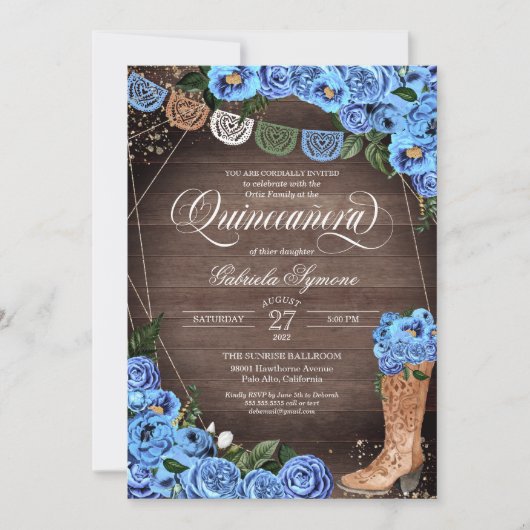 Invitation Ciel bleu rustique Pays Charra Boots Quinceañera (Devant)