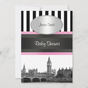 Invitation Ciel de Londres BW Blk Wht Strp Rose Baby Shower