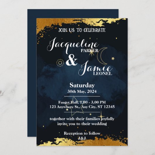 Invitation Ciel de nuit bleu et or Mariage illustratif (Devant / Derrière)