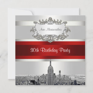 Invitation Ciel de NYC gravé, fond blanc, ruban rouge anniver