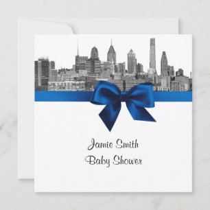 Invitation Ciel de Philadelphie Etch BW Royal Blu Baby Shower