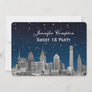Invitation Ciel de Philadelphie Gravure Bleue Étoile Douce 16