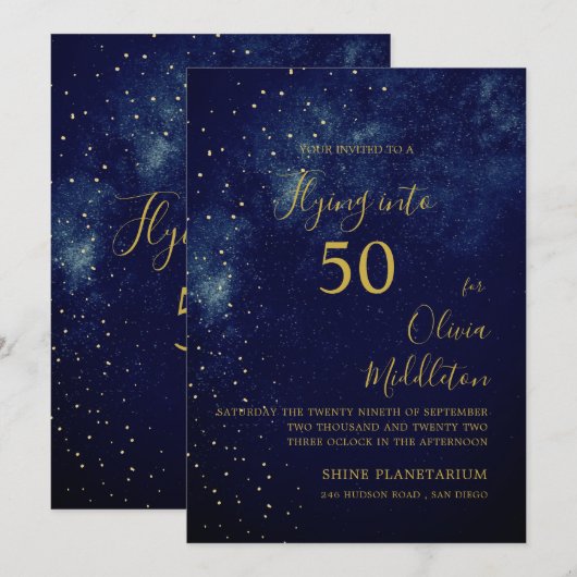 Invitation Ciel de soirée d'anniversaire 50 ans Astral Or Éto (Devant / Derrière)