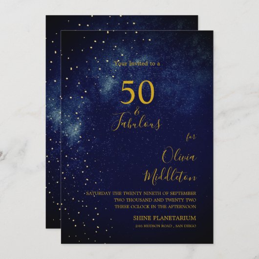 Invitation Ciel de soirée pour 50e anniversaire Étoiles dorée (Devant / Derrière)
