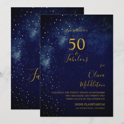 Invitation Ciel du soir d'anniversaire 50 ans Or astral Étoil (Devant / Derrière)
