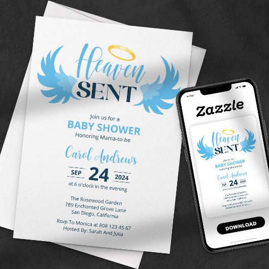 Invitation Ciel envoyé Blue Angel ailes Baby shower