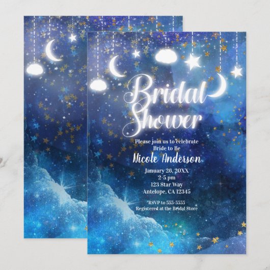 Invitation Ciel Fantastique Étoiles Dorées & Bridal Shower Lu (Devant / Derrière)