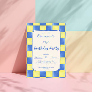 Invitation Ciel jaune vérifications bleues fête d'anniversair
