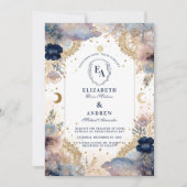 Invitation Ciel Lune et Mariage Floral Rose (Devant)
