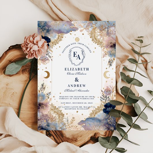 Invitation Ciel Lune et Mariage Floral Rose