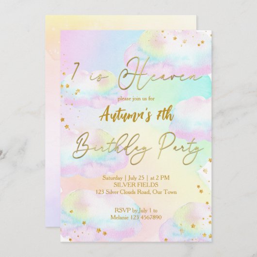 Invitation Ciel pastel nuages arc-en-ciel anniversaire (Devant / Derrière)