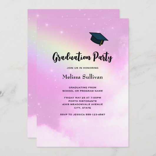 Invitation Ciel rose avec citron jaune arc-en-ciel Graduation (Devant / Derrière)