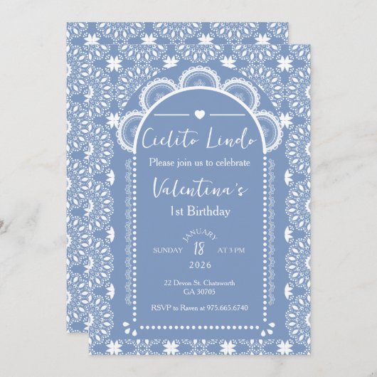 Invitation Cielito Lindo 1er anniversaire bleu (Devant / Derrière)