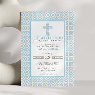 Invitation Cielito Lindo Croix Florale Religieuse Bleu Garçon