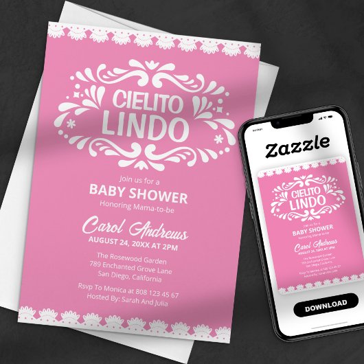 Invitation Cielito Lindo Dentelle rose Baby shower Mexicaine 