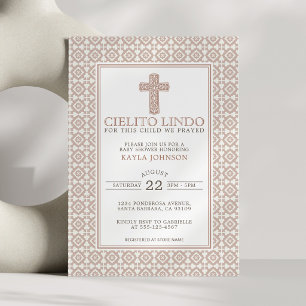 Invitation Cielito Lindo Religieux Neutre Fleurs Croix Beige