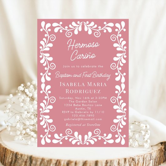 Invitation Cielito rose Dusty Lindo Baptême et premier annive