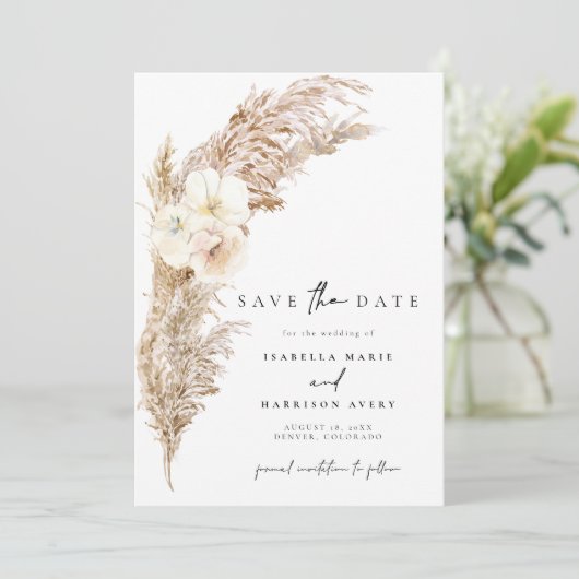 Invitation CIERA Boho sec Pampas Grass Enregistrer la date (Debout devant)