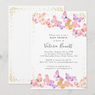 Invitation Cieux papillon Or Corail Confettis Baby Shower